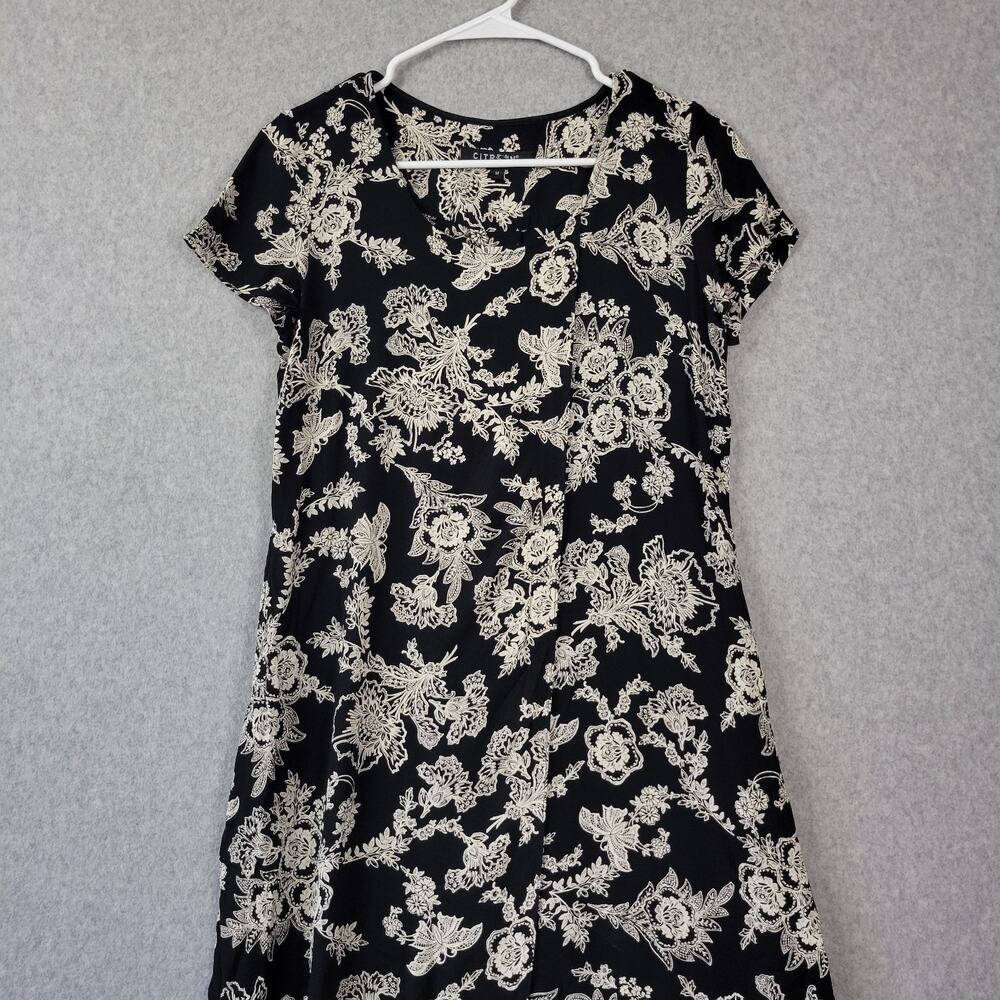 Citron Santa Monica Black Floral SS Faux Wrap Midi Shift Dress Medium Pockets - Picture 2 of 12